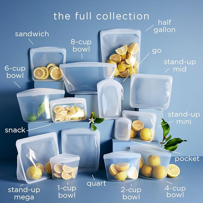Stasher Premium Silicone Reusable Food Storage Bags, 6-Pack, Clear, Multi-Use Food Storage Bags, Lunch Bag, Travel Containers, BPA Free, Leak-free, Dishwasher-Safe, Eco-friendly