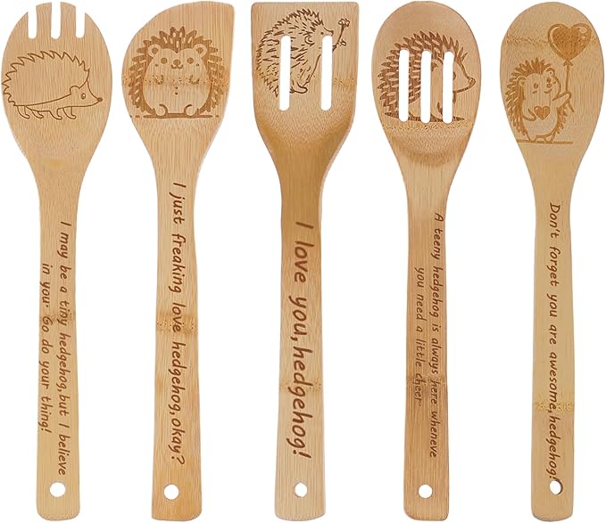 5PCS Hedgehog Wooden Cooking Spoons Kitchen Decor Hedgehog Gifts for Women Men Hedgehog Lovers Birthday Gifts Party Favors Housewarming Wedding Bamboo Cooking Spoons for Everyday Use
