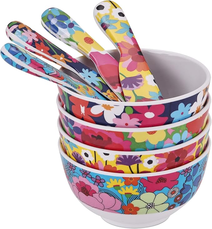 French Bull Melamine Mini Bowls, 4-Piece Set, 10 Fluid Ounces, Small Serving Bowl – Snack Condiment Dipping Sauce Dessert Ice Cream– Shatter Proof, BPA Free, 4.5” x 2.35", Garden Floral