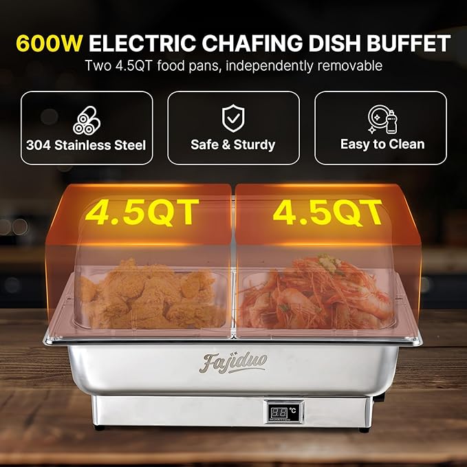 Electric Chafing Dish, 2X4.5QT Half Size Electric Chafing Dish Buffet, Adjustable Temp Roll Top Food Warmer, 600W Chafing Dish Buffet Set for Catering Parties