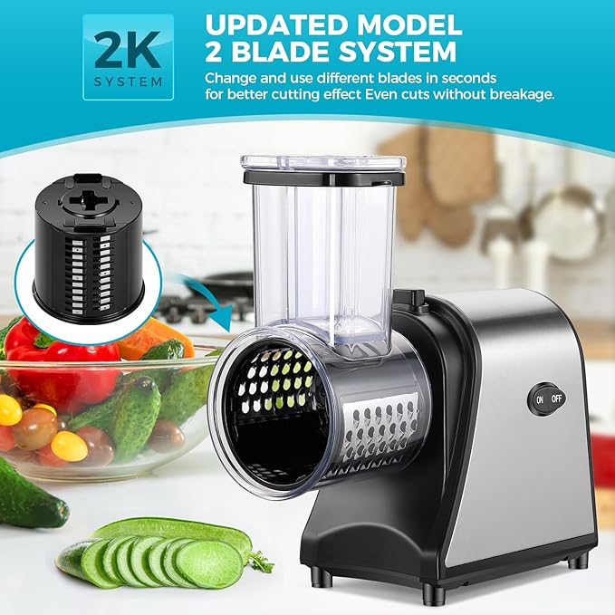 Electric Cheese Grater 250W Vegetable Slicer with 5 Different Shapes of Blades for Shredding/Slicing/Grating, Compact Automatic Cheese Shredder for Block Cheese, Carrots, Fruit, Nuts