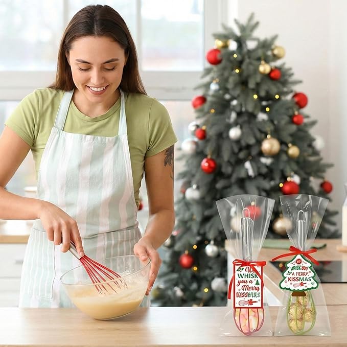 16 Sets 10 Inch Christmas Whisks Gifts with Ribbons Greeting Cards Bags,Christmas Red Green Silicone Whisks For Cooking,Egg Beaters Cooking Supplies For Xmas Candy Holder Neighbor Employee Gifts