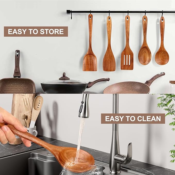 Wooden Kitchen Utensils Set 5 Piece Teak Wood - Non Scratch & Non Toxic Cooking Tools with Turner, Slotted Spatula, Angled Spatula, Serving Spoon, Salad Spoons