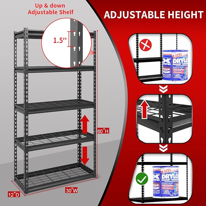 The Atlas 30" W x 12" D x 60" H Adjustable Garage Storage Shelves Load 2500 lbs, 5 Tier Heavy Duty Shelving Unit, Metal Utility Storage Rack for Warehouse Pantry Basement Kitchen, Black