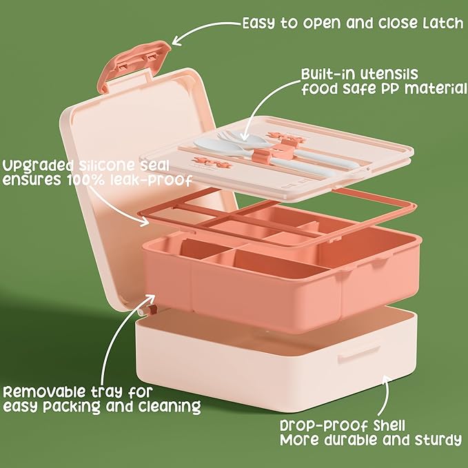 Fimibuke Bento Lunch Box for Kids, Leak Proof Toddler Bento Box with 4 Compartments BPA Free Dishwasher Safe Lunch Container with Utensils, Ideal Portion Sizes for Ages 3-12 Girls Boys for School