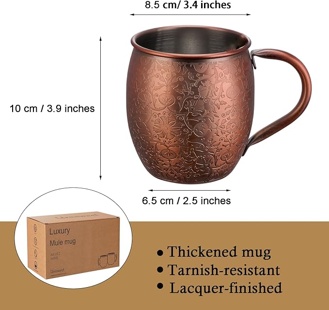 Moscow Mule MugsSet of 2-18 Oz Copper-Plated Fine Craftsmanship Etched Mugs,304 Stainless Steel-Lined Mule Cups,For Cold Drinks, Beer, Wine, Bars, Parties