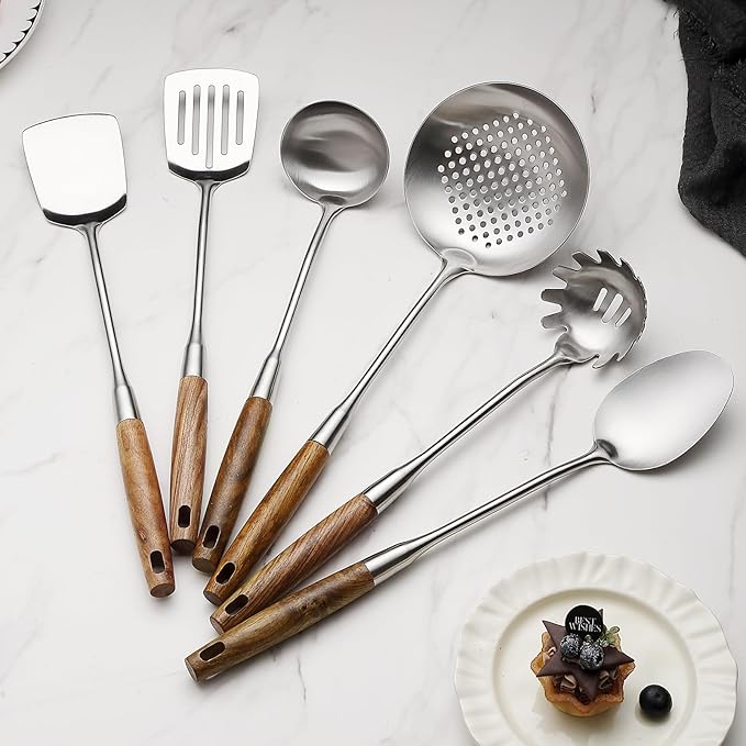 6 Pcs Cooking Utensils Set 304 Stainlss Steel Kitchen Utensils Set Heat Resistant Wooden Handle Kitchen Tools Metal Kitchen Utensil Soup Ladle Set, Dishwasher Safe