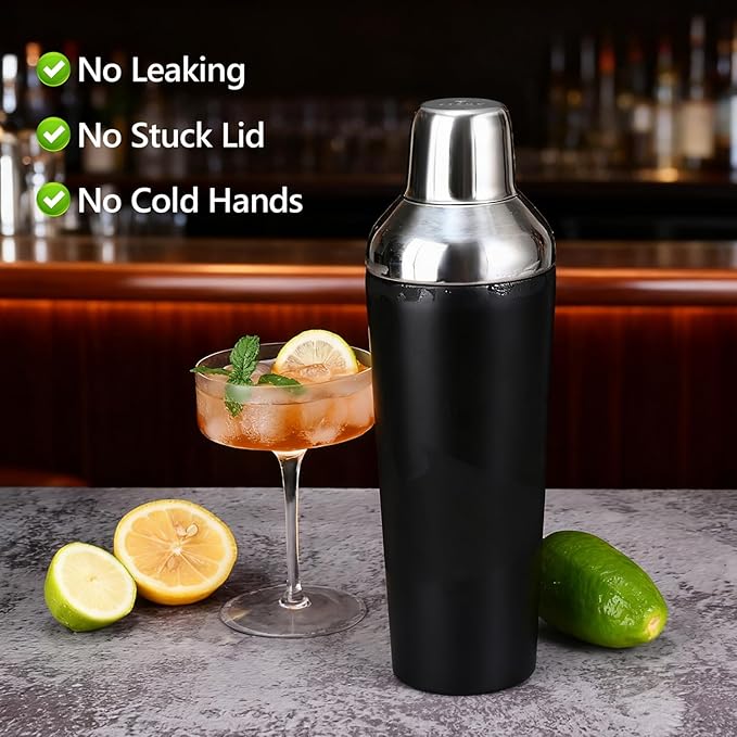 Insulated Cocktail Shaker Black - 23oz Double Wall Vacuum Stainless Steel Martini Shaker with Built-in Strainer & Jigger Lid, Pro Leak-Proof Weighted Shaker for Home Bar, Premium Bar Gift Set