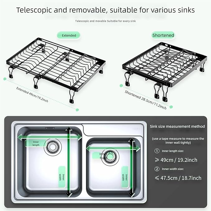 BBXTYLY Expandable Dish Drying Rack Over The Sink, Adjustable Dish Rack in Sink with Expandable Feet, Inside Dish Drainer for Kitchen Counter, Drying Rack Fit for 11"-19" Kitchen Sink