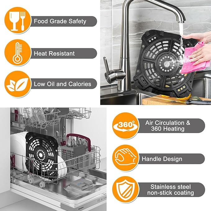 GCQ Air fryer Accessories for Ninja AF181 Air Fryer Pro XL 6-in-1 6.5 QT, 8.5''× 8.0'' Air Fryer Grill Pan Grill Plate Crisper Plate Replacement Parts Tray Rack with Rubber Bumpers, Dishwasher Safe