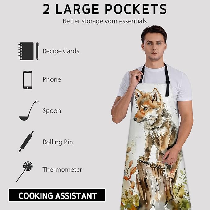 Cute Wolf Pup Apron, Kitchen Cooking Baking Adjustable Polyester Watercolor Forest Aprons for Women Men, with 2 Pockets, 28×33in, Ideal Gifts for Wife, for Chef Gardening Grilling Cleaning