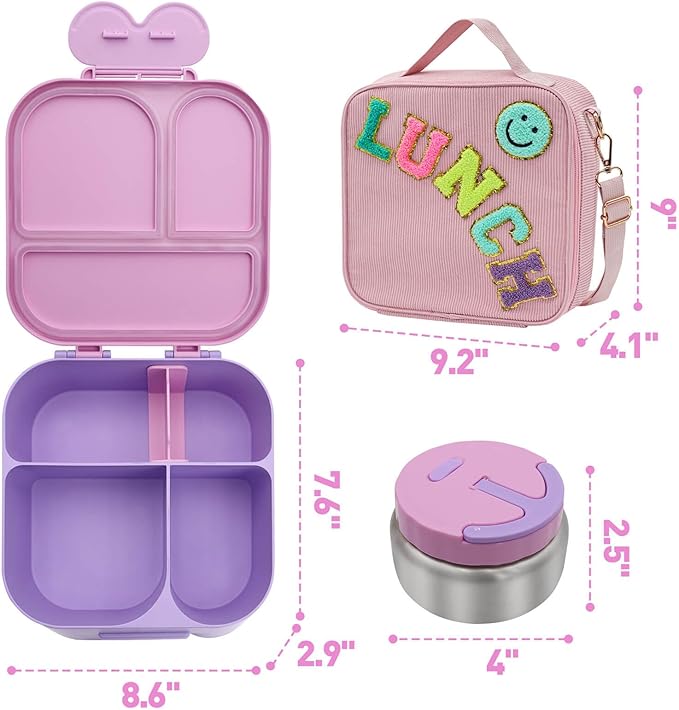 Girls Lunch Box with Bento, Bento Box with 4 Compartment, with Leak Proof Thermo Food Jar, Preppy Corduroy Insulated Lunch Bag for Girl Kids Teens School Travel Picnic, Pink