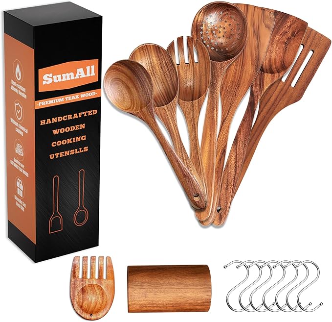 9 PCs Teak Wooden Utensil Set with Hooks, Wooden Spoons for Cooking, Wood Cooking Utensils Set, Comfort Grip, Non Stick Cookware, Easy to Clean, Kitchen Stuff, Wood Spatula