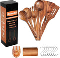 9 PCs Teak Wooden Utensil Set with Hooks, Wooden Spoons for Cooking, Wood Cooking Utensils Set, Comfort Grip, Non Stick Cookware, Easy to Clean, Kitchen Stuff, Wood Spatula