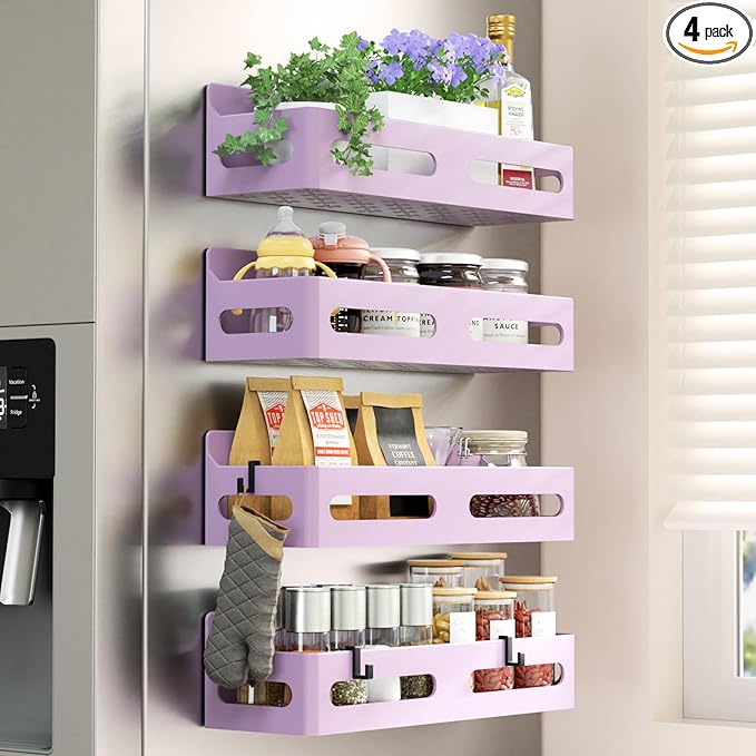 4 Pack Magnetic Spice Rack for Refrigerator, Spice Rack Organizer, Moveable Magnetic Shelf Fridge Organizer with 4 Hooks for Kitchen and Oven Organization, Pink