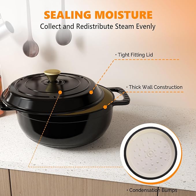 ROVSUN Enameled Cast Iron Round Dutch Oven, 6QT Pot with Lid &Dual Handles with Silicone Gloves,Oven Safe up to 500°F, Heavy-Duty Pre-Seasoned Cookware for Bread Baking, Braising, Stews, Roasting, Black