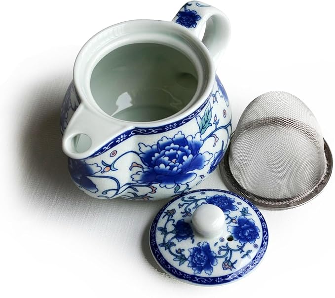 Teapot 260ml Blue White Peony Flower Porcelain Kettle Stainless Infuser (Mudan Flower 260ml)