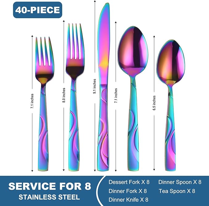 Rainbow Stainless Steel Flatware Set for 8, Ergonomic Silverware Set with Fork Spoon Knife, 40-Piece Colorful Cutlery Tableware Set - Dishwasher Safe