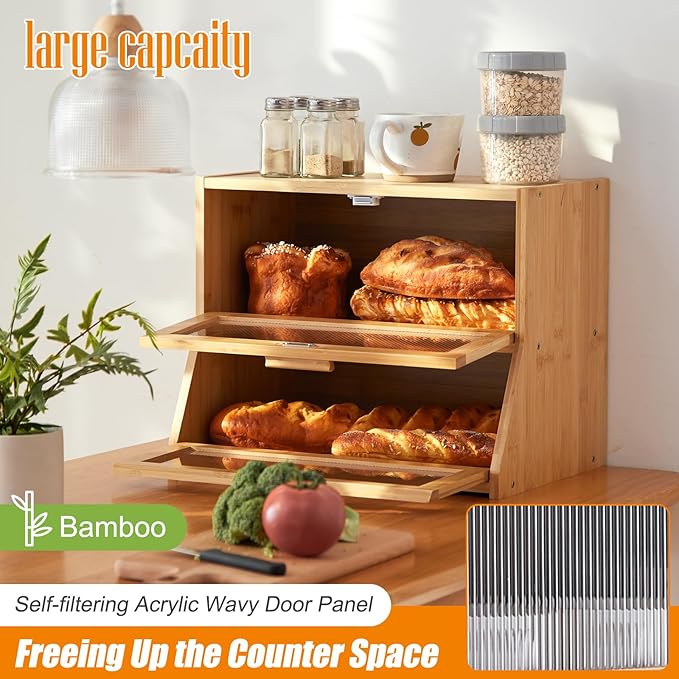 GHWIE Double Layer Bamboo Bread Box for Kitchen Counter,Large Capacity Bread Storage Bin,Bread Container with Acrylic Wavy Door Panel (Natural, Medium)