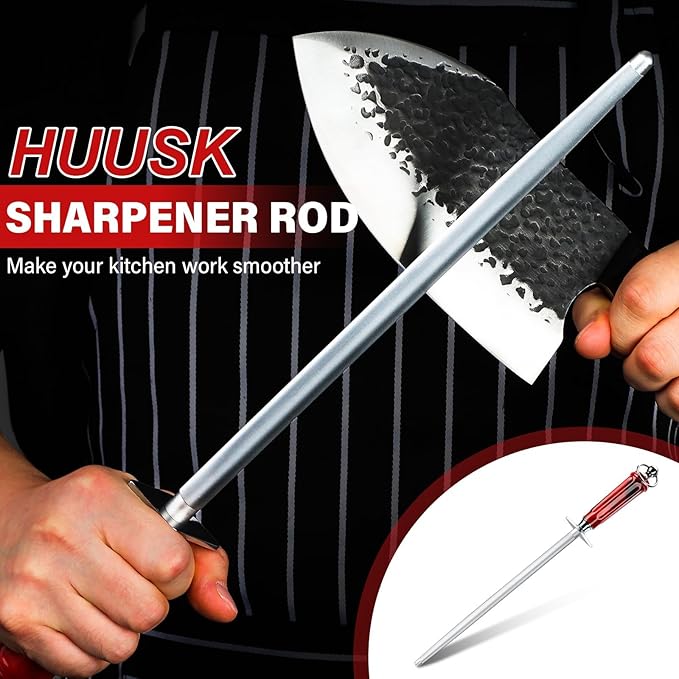 Huusk 12" Knife Sharpener Rod - High Carbon Steel Knife Steel Sharpener, Kitchen Knife Sharpeners with Magnetized Tips, 3200 Grit Sharpening Steel (Round) Christmas Gift for Men and Women