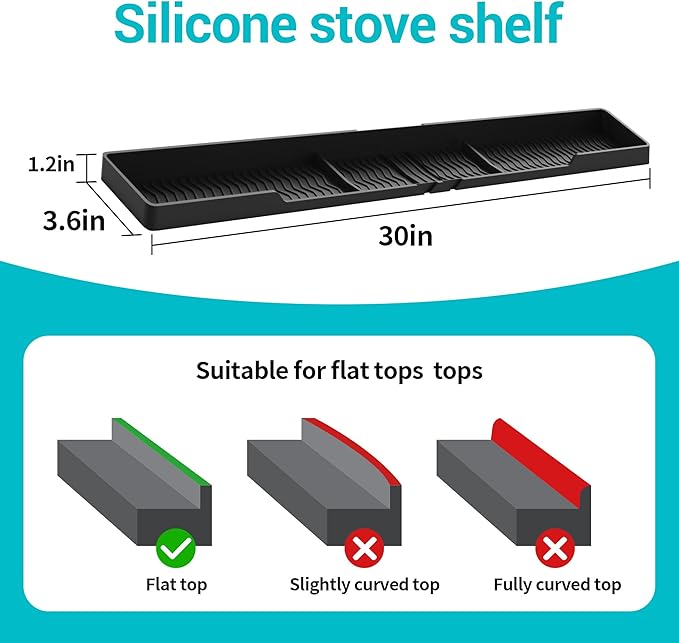 30" Stove Top Shelf, Soft and Heat Resistant,With 6 Suction Points,Fixed 3 Compartment Design For Storing Spices And Cooking Tools, Space Saving, Suitable For The Back Of The Stove, Black.