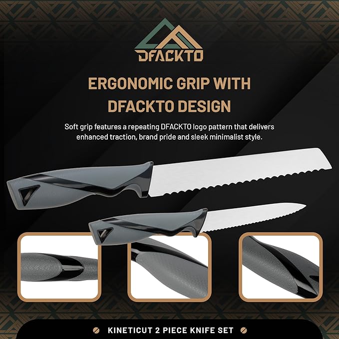 DFACKTO 2-Piece Serrated Knife Set – Stainless Steel Kitchen Cooking Knives w/Protective Covers, Dishwasher Safe, No Block, Sharp Cutlery for Slicing Bread, Cooking Fruit & Steak w/Sheath - Gray