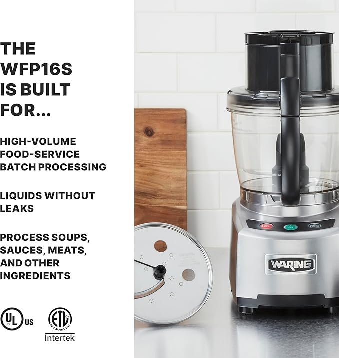 Waring Commercial WFP16S 4 Quart Food Processor, 2 HP Motor, Extra Large Feed Tube, Patented LiquiLock Seal Bowl System, Includes Shredding, Slicing, Whipping Disc and a Standard S blade for Chopping, Pureeing, and Emulsyfying, 120V 5-15 Phase Plug