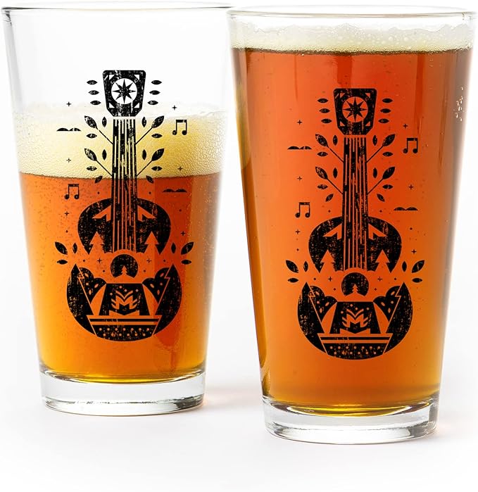 Pint Glasses with Nature Guitar - Set of 2 Beer Glasses by Black Lantern - 16oz. Drinking Glass Set