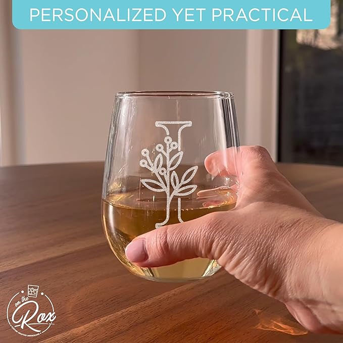 On The Rox Drinks Monogrammed Gifts For Women and Men - Letter A-Z Initial Engraved Monogram Stemless Wine Glass - 17 Oz Personalized Wine Gifts For Women and Men (I)