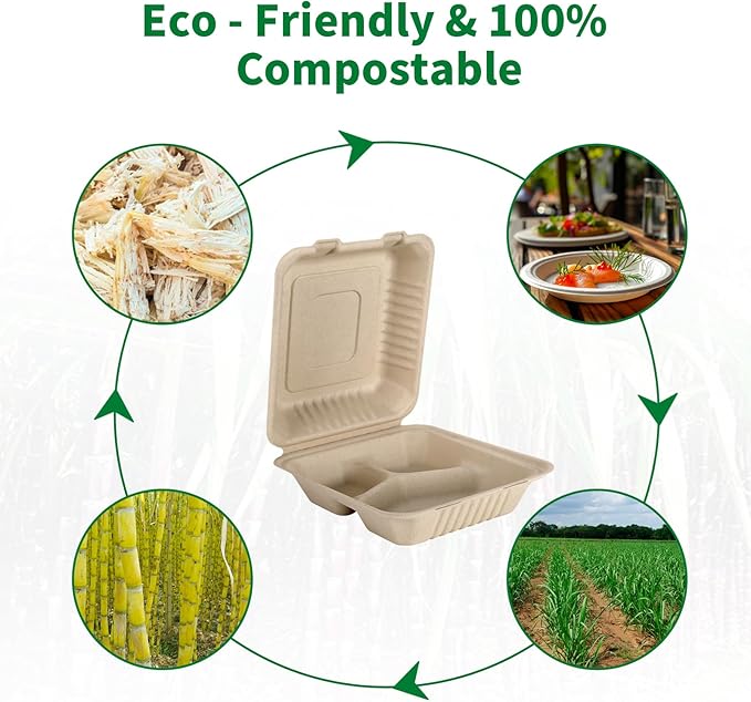 Aricsen 100 Pack 3 Compartment Compostable 8x9 Inch Takeout Lunch Box Containers with Lid To Go Take Out Clamshell for Food, Disposable Eco-Friendly Biodegradable Bagasse, PFAS-Free, Brown