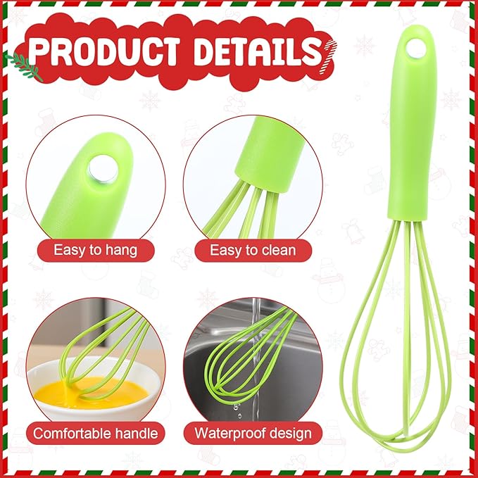 24 Sets 10 Inch Christmas Whisks Gifts Bulk Xmas Colored DIY Fillable Baking Supplies Christmas Tree Ornaments Silicone Whisks with Cards Cooking Egg Beaters Kitchen Favors