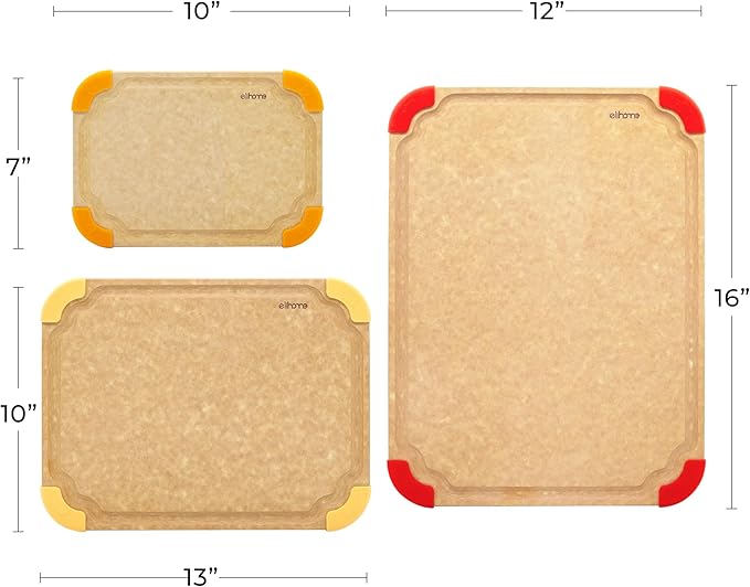 Elihome Premium Series 3-in-1 Kitchen Cutting Board Set, Non Slip Feet, Color Coded with Food Icon, Natural Wood Fiber, Dishwasher Safe, Eco-Friendly, Juice Grooves,Non Porous, BPA Free, Made in USA
