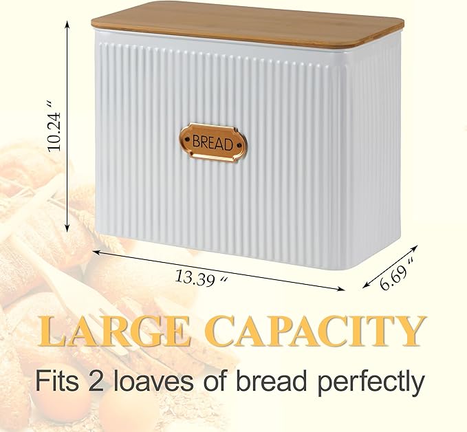 Extra Large Bread Box for Kitchen Countertop Corner Breadbox for Homemade Bread Metal White Vertical Stripe Pattern Embossed Storage Container Bin with Bamboo Lid Fits 2 Loaves of Bread