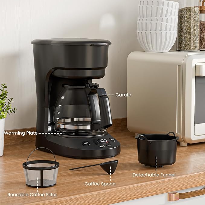 WAA 5 Cup Drip Coffee Maker, Portable Coffee Machine with Programmable Timer, Coffee Pots with Reusable Filter, Auto Shut-Off and Keep Warm Plate, Delay Brew, 25oz Water Tank, Black