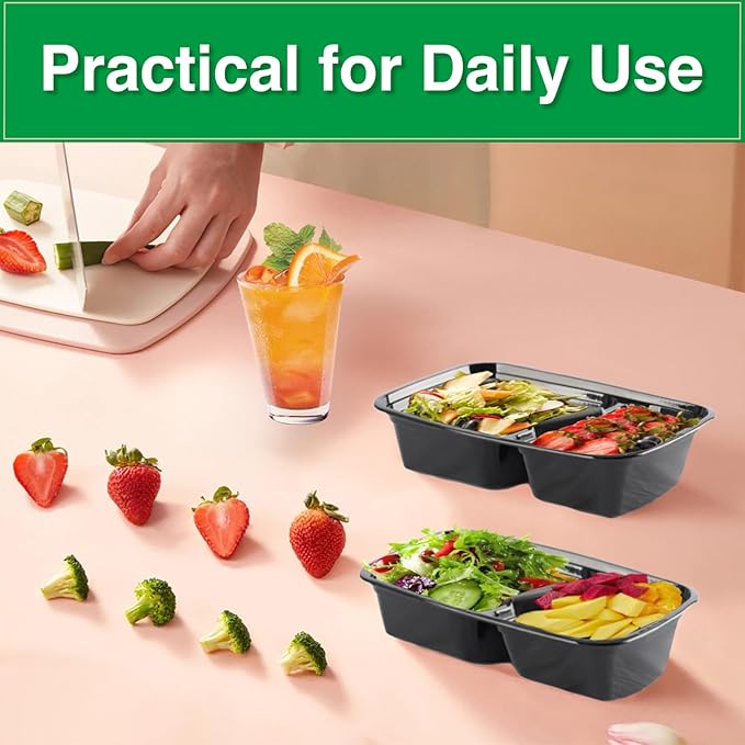 Meal Prep Containers 2 Compartment 30 Pack, 26 oz Divided Reusable Food Storage Containers with Lids Takeout Food Storage Containers Black, Microwave Dishwasher Freezer Safe, Stackable, BPA Free
