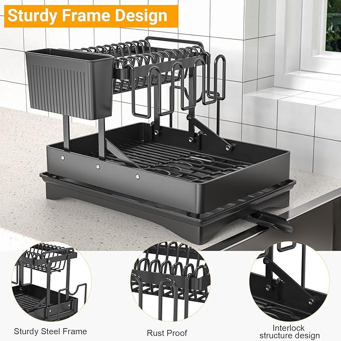 Large Dish Drying Rack,Dish Rack 2 Tier,Dish drainers for Kitchen Counter with Cup Chopping Board Cutlery Holder,Anti-Rust Collapsible 16.5" L x 11.8" W Black