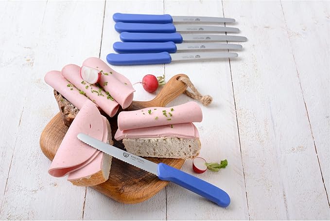GRÄWE table knife 6 pieces, set for cutting, pack of 6 bread knives, for breakfast with serrated edge on one side, length 8.3 inch - handle color blue