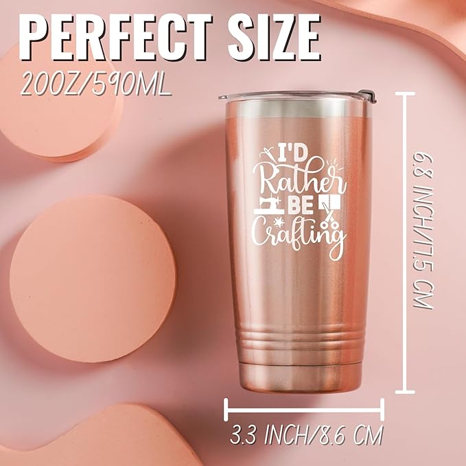 Onebttl Gifts for Crafters, Crafting Gifts for Women - Tumbler for Crafters, Female, Her - I'd Rather Be Crafting - 20oz/590ml Stainless Steel Insulated Tumbler with Straw & Lid - Rose Gold