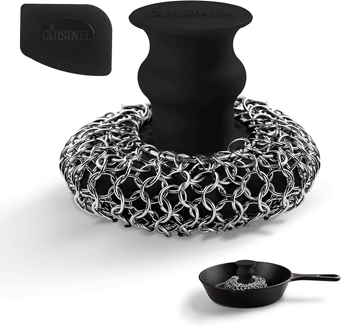 Cuisinel CAST IRON CHAINMAIL SCRUBBER AND PAN SCRAPER - DELUXE ERGONOMIC STAINLES