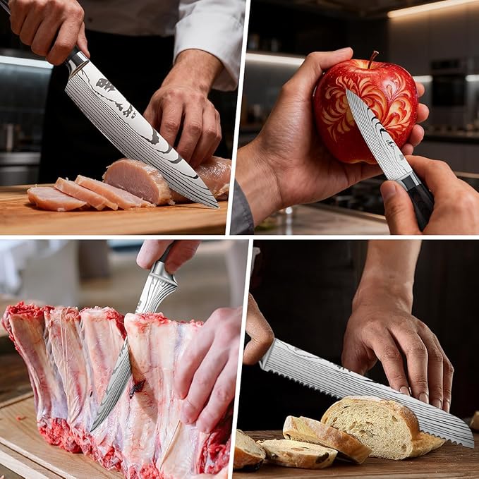 5-Piece Premium Japanese Kitchen Knife Set - Imperial Collection, Laser Damascus Pattern, 440A Stainless Steel Ultra Sharp for Fast Cutting (Redwood 5B)