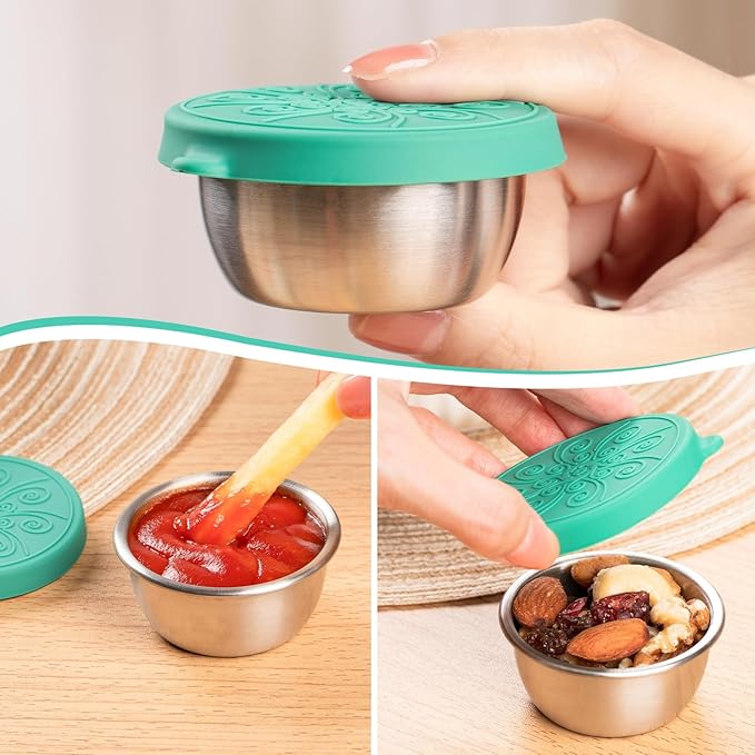 8-Pack Salad Dressing Container To Go, 1-oz Silicone Small Condiment Squeeze Bottles and 1.6 oz Stainless Steel Sauce Containers Cups, Leakproof Condiment Containers with Lids for Lunch Box
