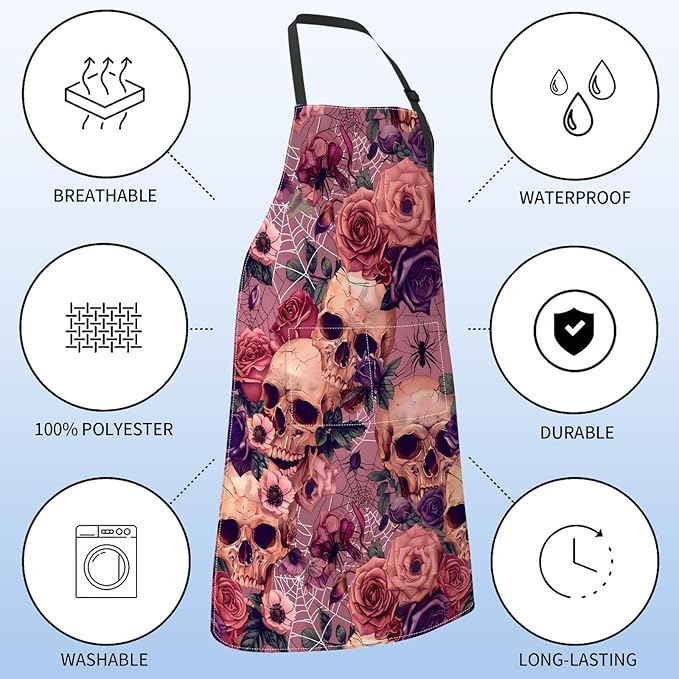 Gothic Apron for Women with Spider Web,Skull,Rose,28x33in,Goth Kitchen Aprons with 2 Pockets, Oxford Fabric,Halloween Adjustable Apron for Cooking Baking Gardening Chef,Gifts for Mom Wife