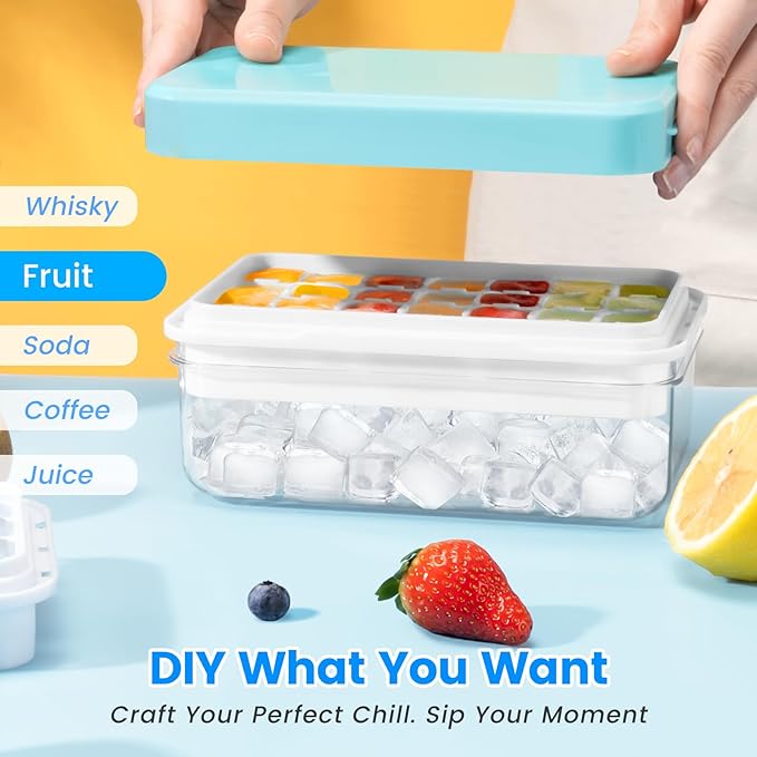 Ice Cube Tray with Lid and Bin, 28 pcs Ice Cubes Molds, Ice Trays for Freezer, Ice Cube Tray Mold, with 1 tray, Ice Freezer Container, Spill-Resistant Removable Lid & Ice Scoop, for Whiskey,Cocktail