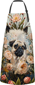 Pug Floral Apron,Oxford Fabric Adjustable Kitchen Apron with 2 Pockets,Waterproof Cooking Aprons for Men Women Mom Wife Dad,Ideal Gifts for Coffee House,Shop,Baking,BBQ,Housewarming,28x33in