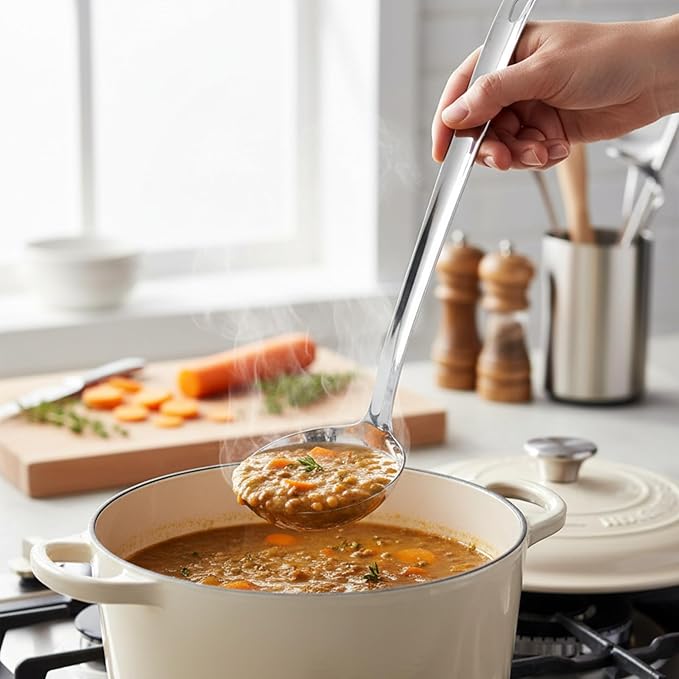 1 Pcs Stainless Steel Kitchen Cooking ladle, 13" Soup Metal Ladles, Durable Cooking Spoon Utensil- Long Handle and Ample Bowl Capacity Perfect for Stirring, Serving Soups, Heavy Duty Dishware Safe