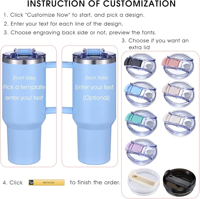 iProductsUS Personalized 40oz Tumbler with Handle & Straw Christmas Gift for Mom & Wife! Custom Engraved Name/Birth Flower, Spill-Proof Lid, Insulated Stainless Steel Travel Coffee Mug! (Sky Blue)