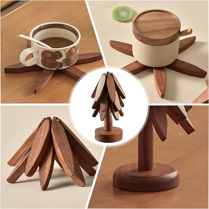 Wooden Tree Coasters, Trivets for Hot Dishes, Trivets for Hot Pots and Pans, Wooden Tree Trivet Set - 3 or 4 Wooden Trivet + 1 Stand, Christmas Coasters (Walnut,4pcs-A)