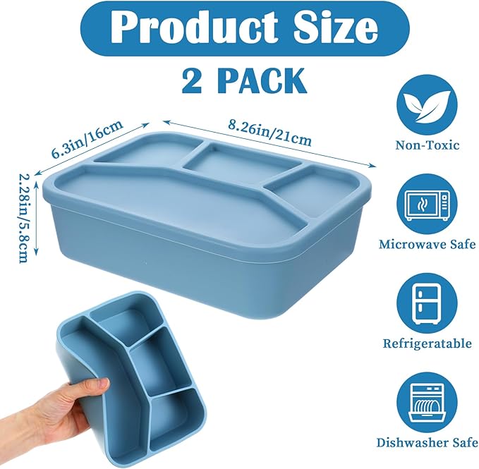 2 Pack Silicone Bento Boxes, 4 Compartment LeakProof Lunch Container, 42 OZ Unbreakable Meal Prep Food Storage Container, Food-Grade Divided Lunch Box for Adult Kid, BPA Free, Oven Dishwasher Safe