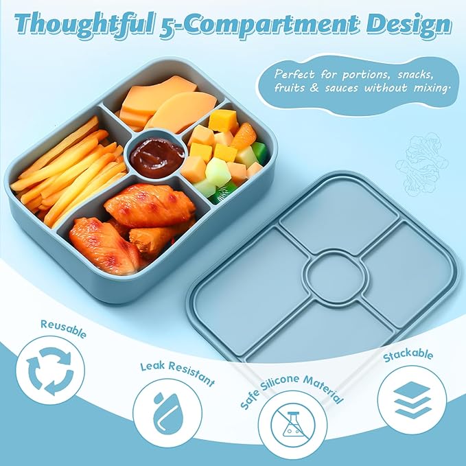 4 Pack Silicone Bento Boxes for Adults, 5 Compartment Reusable Lunch Containers with Sauce Section, Leakproof Meal Prep Snack Box Microwave & Dishwasher Safe for Work School Office(Blue)