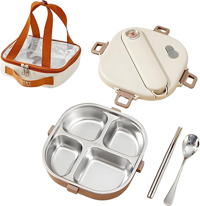 Stainless Steel Bento Box, 800ml Leakproof Lunch Box, Easy To Open And Close, Food Storage Container For Outings, Picnics, And Travels (4 Compartments, + Insulation Bag)